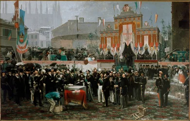 Vittorio Emanuele II -gallerian kulmakiven seremonia 7. maaliskuuta 1865 (öljy puulle