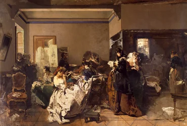 Ompelijakoulu, Domenico Induno (1815-1878), öljy kankaalle