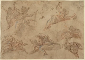 Allegorical Figures Seen from Below (kynä ja ruskea muste, punainen pesu, korotettu valkoisella, punaisen liidun päällä).
