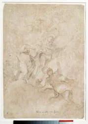 Jupiter uskoo Bacchuksen Mercure Drawingin ruskealla pesulla ja verellä, jonka on kirjoittanut Domenico Canuti (1620-1684) Paris. Louvren taidemuseo