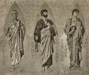 Pyhät Pietari, Andreas ja Juudas apostoli, Domenico Morellin sarjakuvat mosaiikille Amalfin katedraalissa, Italiassa, Italiassa, piirustus P Scoppetta, kaiverrus L