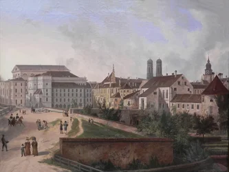 Saksa: Die Königliche Residenz von Nordosten im Jahr 1827 Kuninkaallinen residenssi Münchenissä koillisesta vuonna 1827.