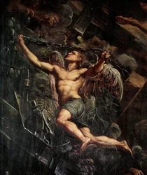 Jeesuksen Kristuksen (Jeesus Kristuksen) laskeutuminen epävarmaan Yksityiskohta enkelistä. Jacopo Robustin maalaus detto il Tintoretto (The Tintoret