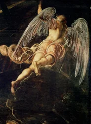 Jeesuksen Kristuksen laskeutuminen epävarmuuteen Yksityiskohta enkelistä. Jacopo Robustin maalaus detto il Tintoretto (The Tintoret