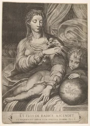 Ruusun Madonna, hän kurkottaa ruusua, jota pitelee Kristus-lapsi, joka lepää vasen..., 1560-75.