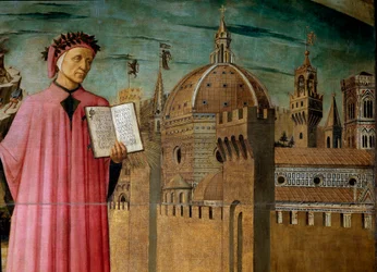 Dante Alighieri esittelee teoksensa Jumalainen näytelmä. Yksityiskohta, jossa runoilija ja Santa Maria del Fioren kupoli, Firenze