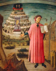 Dante Alighieri kädessään Jumalainen näytelmä ja taustalla kiirastulen vuoret, yksityiskohta Dante Alighierin (1265-1321) Jumalaisesta näytelmästä, fresko, Santa Maria del Fioren basilika, Firenze. Italia, 1465