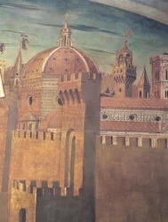 Yksityiskohta Firenzen katedraalia kuvaavasta freskosta, joka esittää Dantea ja Divinia Commediaa pohjoisessa käytävässä, 1465 fresko yksityiskohta 42355:stä