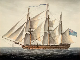 Ranskalainen alus "Sans Pareil", 3. luokan laiva, 80 tykkiä, kaapattu kesäkuun ensimmäisenä päivänä noin vuonna 1800 (vesiväri).