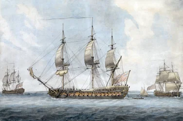 Muotokuva brittiläisestä 74-tykkisestä laivasta Solentissa (Englanti) kolmesta eri näkökulmasta. Dominic Serres vanhemman (1719-1793) maalaus, akvarelli noin vuonna 1788.
