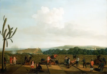 Seitsemänvuotinen sota (1756-1763): Brittiläinen tykkipatteri Morron linnan edessä, asennettu puiselle alustalle (platform), jossa on suojaava parapet, tykkimiehet ovat pukeutuneet siniseen, horisontissa Morro Castle on