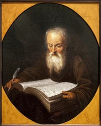 Munkki lukee, höyhen kädessään. Maalaus Domenicus Van Tol (1635-1676), öljy kankaalle, Gerrit Dou (1613-1675). flaamilaista taidetta