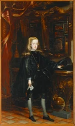 Carlos II. mustassa puvussa, kultainen Fleece kaulassaan. Felipe IV:n poika