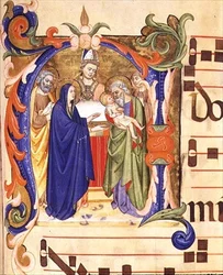 Ms 572 f.88r Historioitu alkukirjain "N", joka kuvaa esitystä temppelissä antifonista Santa Maria del Carminesta, Firenzestä (vellum)