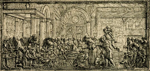 Ahneen miehen sydämen ihme, Pyhän Antoniuksen alttari, Donatellon pronssireliefi, Padovan Pyhän Antoniuksen basilika, Padova, Veneto, Italia, puupiirros teoksesta Le cento citta d