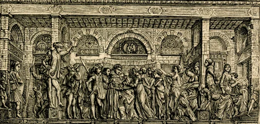 Vastasyntyneen puhuvan lapsen ihme, Pyhän Antoniuksen alttari, Donatellon pronssireliefi, Padovan Pyhän Antoniuksen basilika, Padova, Veneto, Italia, puupiirros teoksesta Le cento citta d
