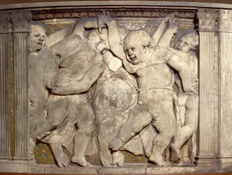 Laatta tanssivalla putilla, kirjoittanut Donatello (n. 1386-1466), marmorireliefi, Praton katedraalin saarnatuoli, Toscana