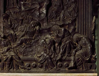 Jumalanpalvelus puutarhassa, yksityiskohta vasemmasta saarnatuolista, kirjoittanut Donatello (1386-1466), Basilica of St Lawrence, Firenze, Italia