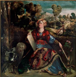 Velhotar Kirke. Noita on kuvattu rehevän kasvillisuuden peittämällä saarellaan koiran seurassa; haarniska makaa maassa. Giovanni Luterin eli Dosso Dossin (n. 1489-1542) maalaus, n. 1530. Mitat: 176 x 174 cm. Rooma, Galleria Borghese