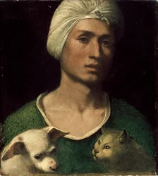 Nuoren miehen muotokuva, jolla on koira ja kissa, 1530-luku