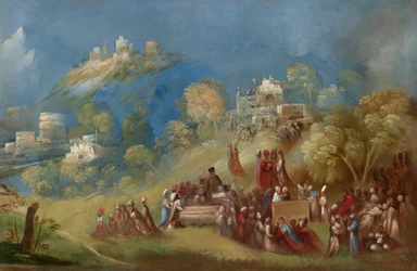 Troijalaiset rakentamassa Venuksen temppeliä ja antamassa uhreja Anchiksen haudalle Sisiliassa, noin 1520 (öljy kankaalle).