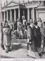 St. Gregory ja englantilaiset orjat, kuvitus teoksesta The Story of the British People, n. 1950 (litho)