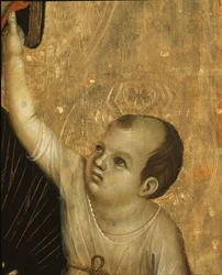 Crevole Madonna: Yksityiskohta lapsesta - tempera ja kulta paneelissa