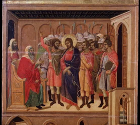 Jeesus Hannaksen edessä. Maesta-alttaritaulu (tempera ja kulta puulla