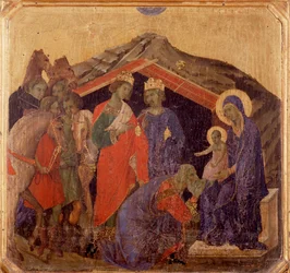 Kristuksen elämä, tietäjien palvonta. Predella of La Maesta (tempera puulla