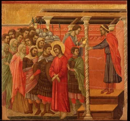 Pontius Pilatus pesee kätensä. Maesta-alttaritaulu (tempera ja kulta puulla