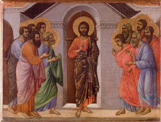 Ylösnoussut Jeesus ilmestyy apostoleille. Maesta-alttaritaulu (tempera ja kulta puulla