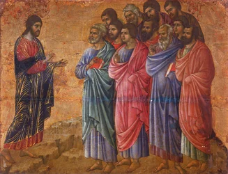 Kristuksen ilmestyminen vuorelle Galileassa, yksityiskohta Kristuksen kärsimyksen ja ylösnousemuksen jaksoista, Duccio di Buoninsegnan (noin 1255 - ennen 1319) Sienan katedraalin Duccion alttaritaulun kääntöpuoli, tempera puulla