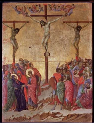 Ristiinnaulitseminen. Sivuilla hyvä varas (Dismas) ja katumaton varas (Gestas). Maesta-alttaritaulu (tempera ja kulta puulla