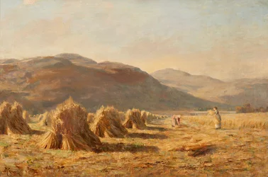 Sadonkorjuu lähellä Dumyat, Ochil Hills (öljy kankaalle)