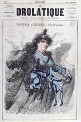 Hortense Schneiderin (1833-1920) karikatyyri "Le Drolatique" -lehden etukannessa, 22. kesäkuuta 1867