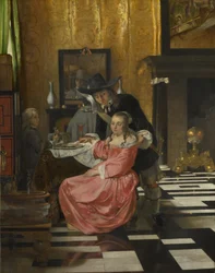 Sisustus, jossa nainen kieltäytyy lasillisesta viiniä, n. 1660