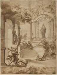 Allegoria erään herrasmiehen kunniaksi, 1700-luvun 3. neljännes (tussi ja tussi).