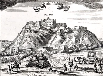 Bietala, Lama Suuren linnoitus, Lhassan kuningaskunta,kuva Athanasius Kircherin (1602-80) teoksesta "La Chine illustree" Amsterdam, 1670 (kaiverrus) (bw kuva)