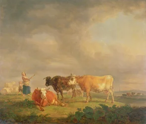 Karja laiduntavat maisemassa, n. 1820 (paneeli)