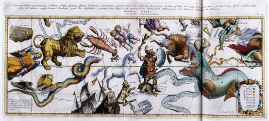 Tähdistöjen taivaankartta: Orion, Härkä, Oinas, Kalat jne., 1666-1668