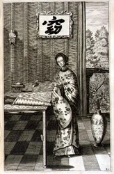 Kiinalainen nainen satakieli kanssa, Athanasius Kircherin (1601-80) kuvasta "China Illustrated" 1667 (kaiverrus)