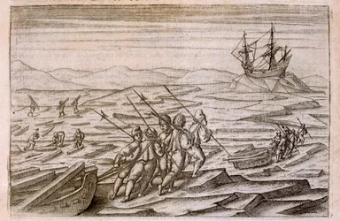 Kerätään ajopuuta mökille, jossa retkikunta talvehti, kuva Diarium Nauticumista, seu vera descriptio trium navigationum admirandarum... kirjoittanut Gerrit de Veer, 1598