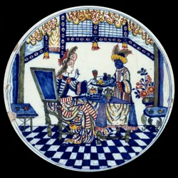 Delftiläinen posliinilautanen, jossa pöydän ääressä istuvaa naista palvelee hänen musta palvelijansa. 1705, Sèvres, Kansallinen keramiikkamuseo