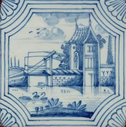 Delft-laatta, jossa näkyy laskusilta kanavan yli, 1800-luku