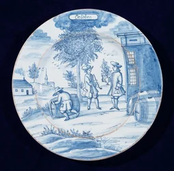 Delftware-levy, joka kuvaa lokakuuta (tinalasitettu keramiikka)