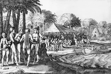 Hollantilaiset kauppiaat viihdyttävät paikallisia polynesialaisia