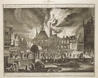 Tuli vanhassa Amsterdamin kaupungintalossa, 17. heinäkuuta 1652, kirjasta Palontorjunta Hollannissa, julkaistu noin 1700