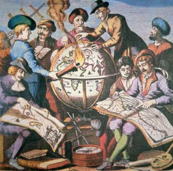 Hollannin kartta-atlasin etulevy, jossa näkyy joukko kartografeja ja instrumentteja, n. 1710 (värilitho)