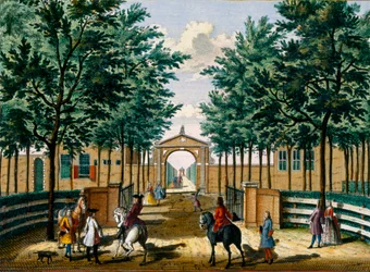 Francois van Haringkaspelin huvipalatsin puutarhat Hendrick de Lethin ja Matthias Brouerius Van Nidekin Het Zeganpralent Kennemerlantista, julkaistu n. 1700-1730