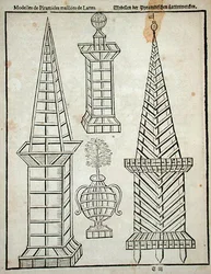 Latticework pyramidit, Johann van der Groenin teoksesta "The Dutch Gardener", julkaistu 1699 (kaiverrus)